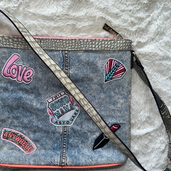 Nicole Lee Athena Patch Print Crossbody Handbag Denim Patches Rhinestones - Picture 6 of 11